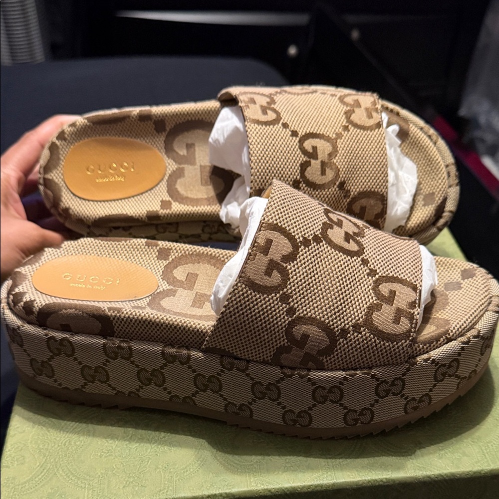 Gucci Beige GG Canvas Platform Slide Mules